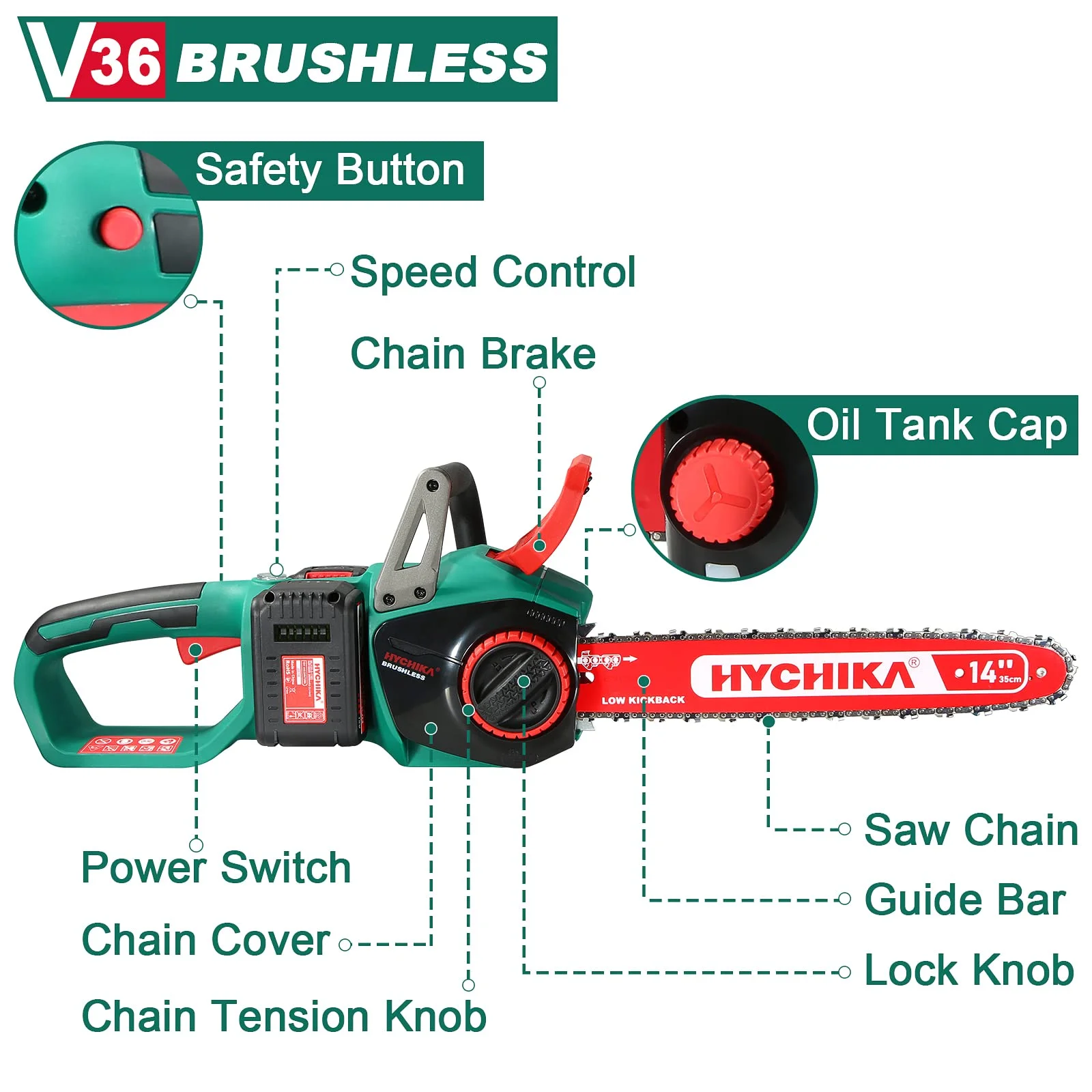 hot sale HYCHIKA 36V Cordless Chainsaw with 2x4.0Ah Battery powerful  wood chain saw