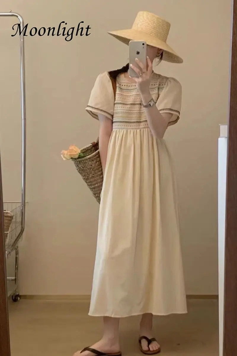 Boho Cotton Linen Long Dresses For Women Summer Vintage Striped Embroidery Short Sleeve Beach Party Dress Casual Female Vestidos