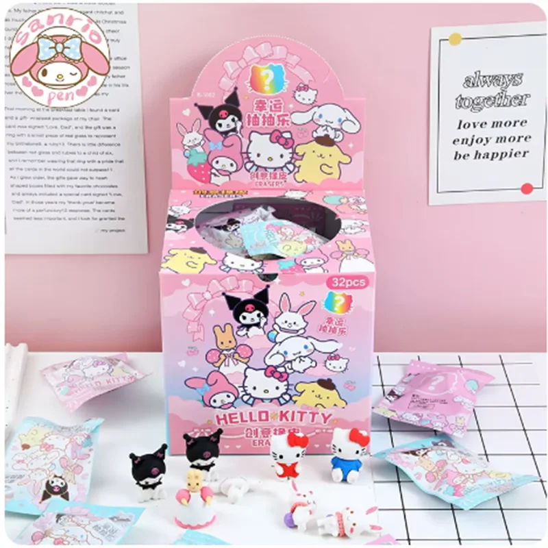 32Pcs Sanrio Cartoon Eraser Rubber Blind Bag 3D Hello Kitty Eraser Students Stationery Kuromi School Clean Tools Children Gifts