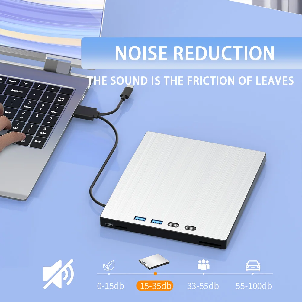 7-in-1 External CD/DVD Drive USB 3.0 Type-C DVD CD Disc Player Reader Burner with SD/TF Card Slot USB Ports for Laptop PC