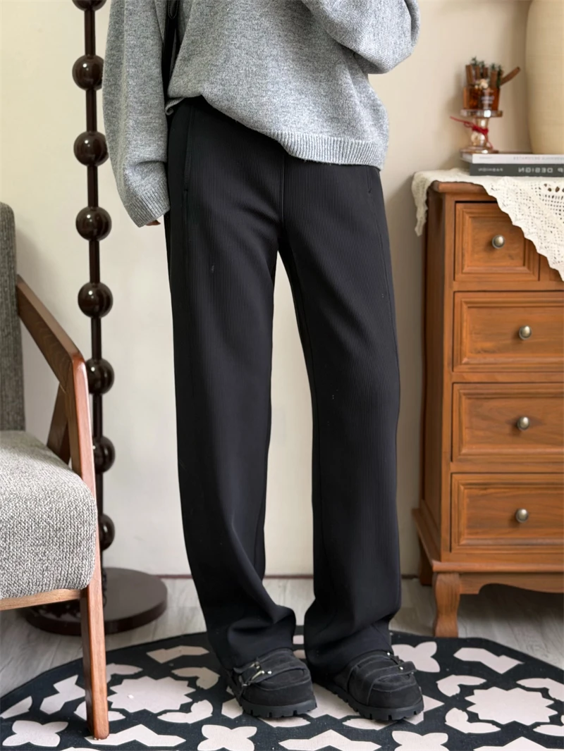 

Thiened Fce High Waist Wide Leg Pants Women Winter Modal Knitted Trousers Casual Straight Cut Warm Loose Fit Long Trousers