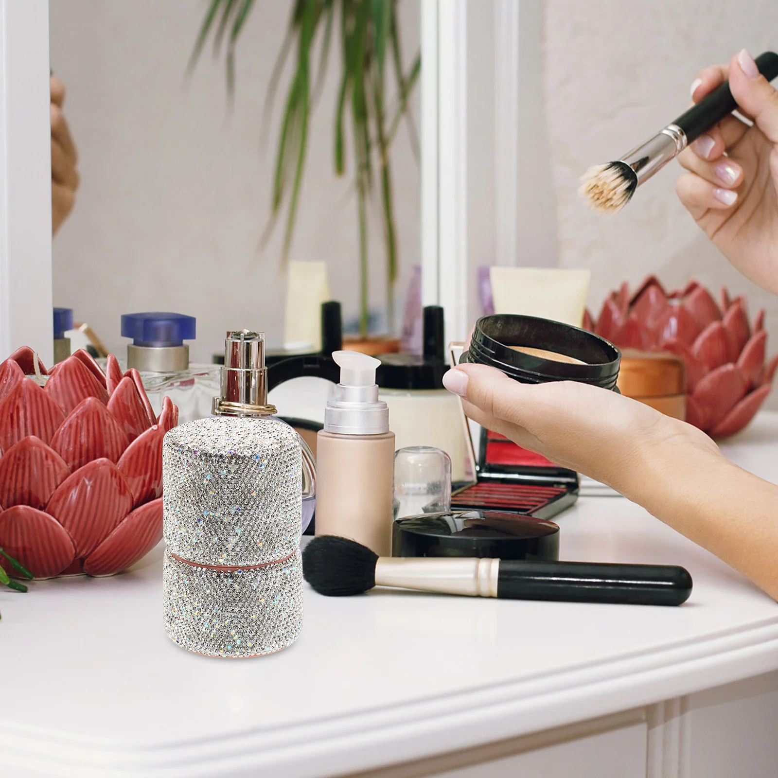 1 Juego de brochas de maquillaje de lujo con diamantes de imitación, organizador de viaje compacto, estuche a prueba de polvo para base en polvo, sombra de ojos, mezcla de contorno