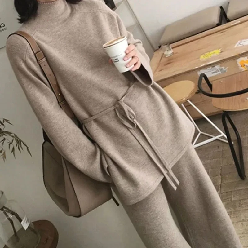 Solid Color Loose Knit Two-piece Set,Women\'s New Autumn and Winter Fashion Lace-up Pullover Top + Wide-leg Pants Casual Knit Set