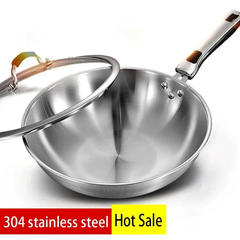 32cm Fume-free Non-stick Pan Wok 304 Stainless Steel Frying Pan with Glass Cover Household Uncoated Wok Cooker Gas Suitable