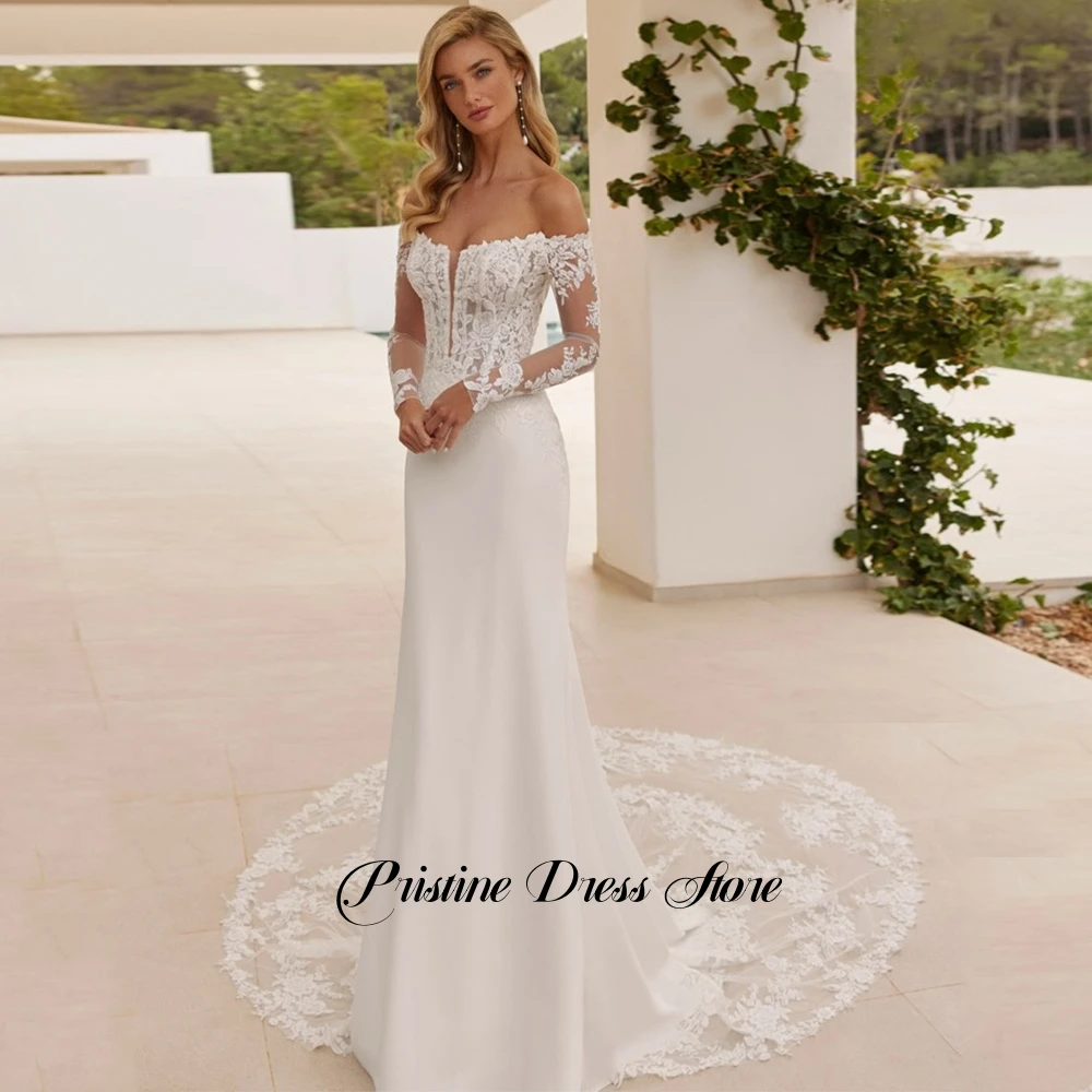 تخصيص المرأة غمد فستان الزفاف الرسمي قبالة الكتف الدانتيل يزين قطار المحكمة طويلة الأكمام مثير فستان زفاف بدون حمالات #4