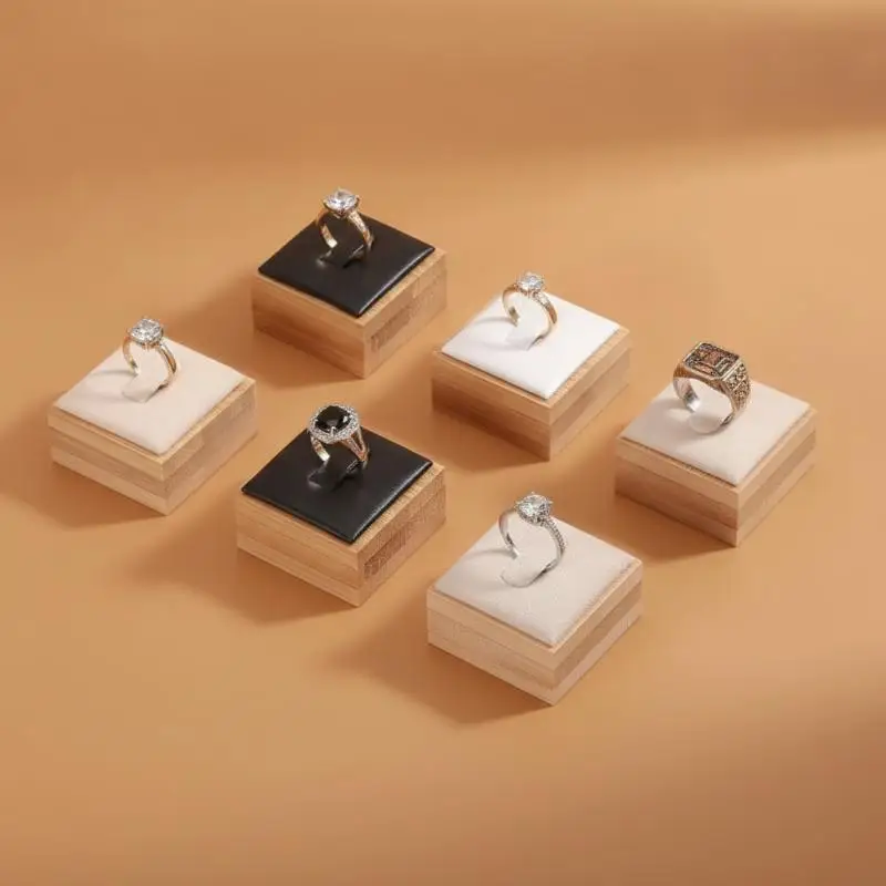 Ringständer zum Verkauf, quadratisch, aus Bambus, einzelner Holzringhalter, Organizer mit Samtunterlage für Ringe, Handel – Detail 4