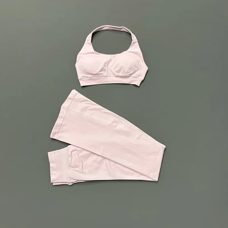 2-teiliges HISTELLO Damen Nahtloses Sportset Neckholder-Sport-BH Schlaghosen mit Hüftlift-Effekt Hochgeschnittene Yoga-Fitness-Trainingsanzüge – Detail 13