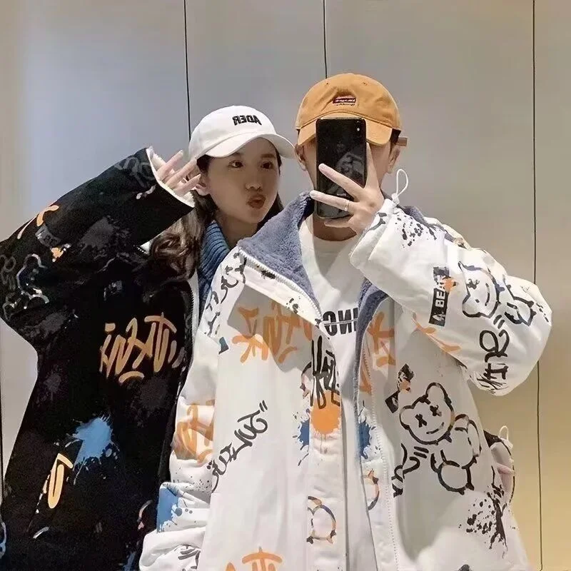 

Winter Thiened Fce Lined Bread Jaet Men's Simple Faion Trendy Harajuku Ins New Sle Japanese Sle Cotton Jaet Coat