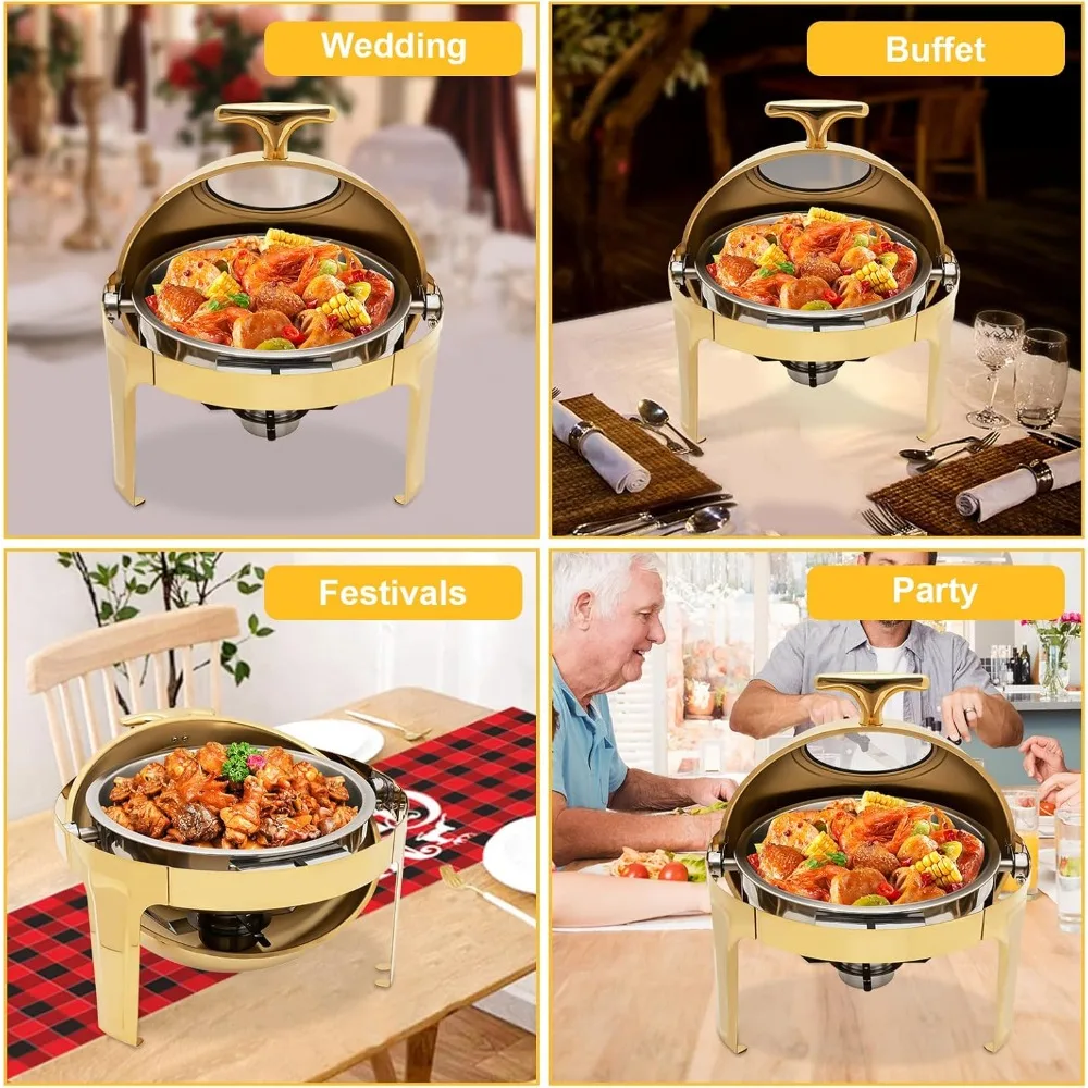 Round Chafing Dish Buffet Set Stainless Steel Buffet Warmer Chafers with Food and Water Trays Buffet Warmer Sets with ThickFrame