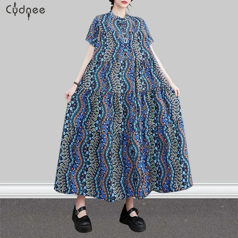 Vintage Chiffon Print Plus Women A Line Multicolor Dress Allover Print Notched Neckline Smock Dress