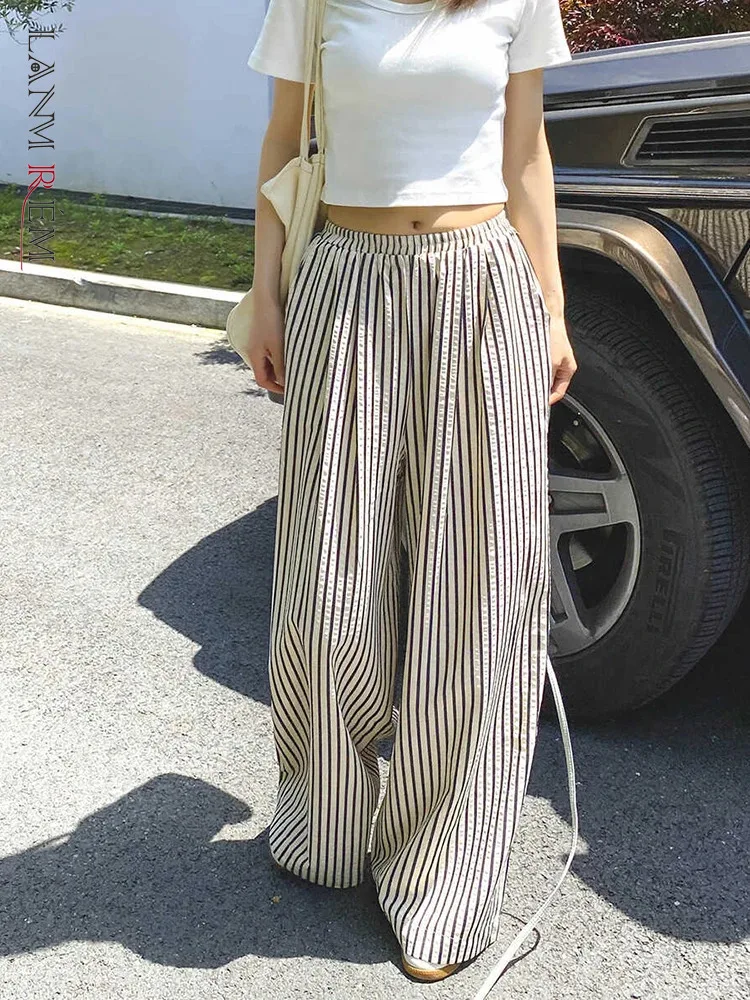 

LANMREM Striped Wide Leg Pants For Women Elastic Waist Pocket Design Casual Full Length Trouser Versatile 2024 Summer New 2Z1295