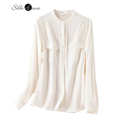 Women's Fashion New Style Temperament Small Stand Neck Silk Shirt Long Sleeve Design Pocket White Silk Loose Versatile Top