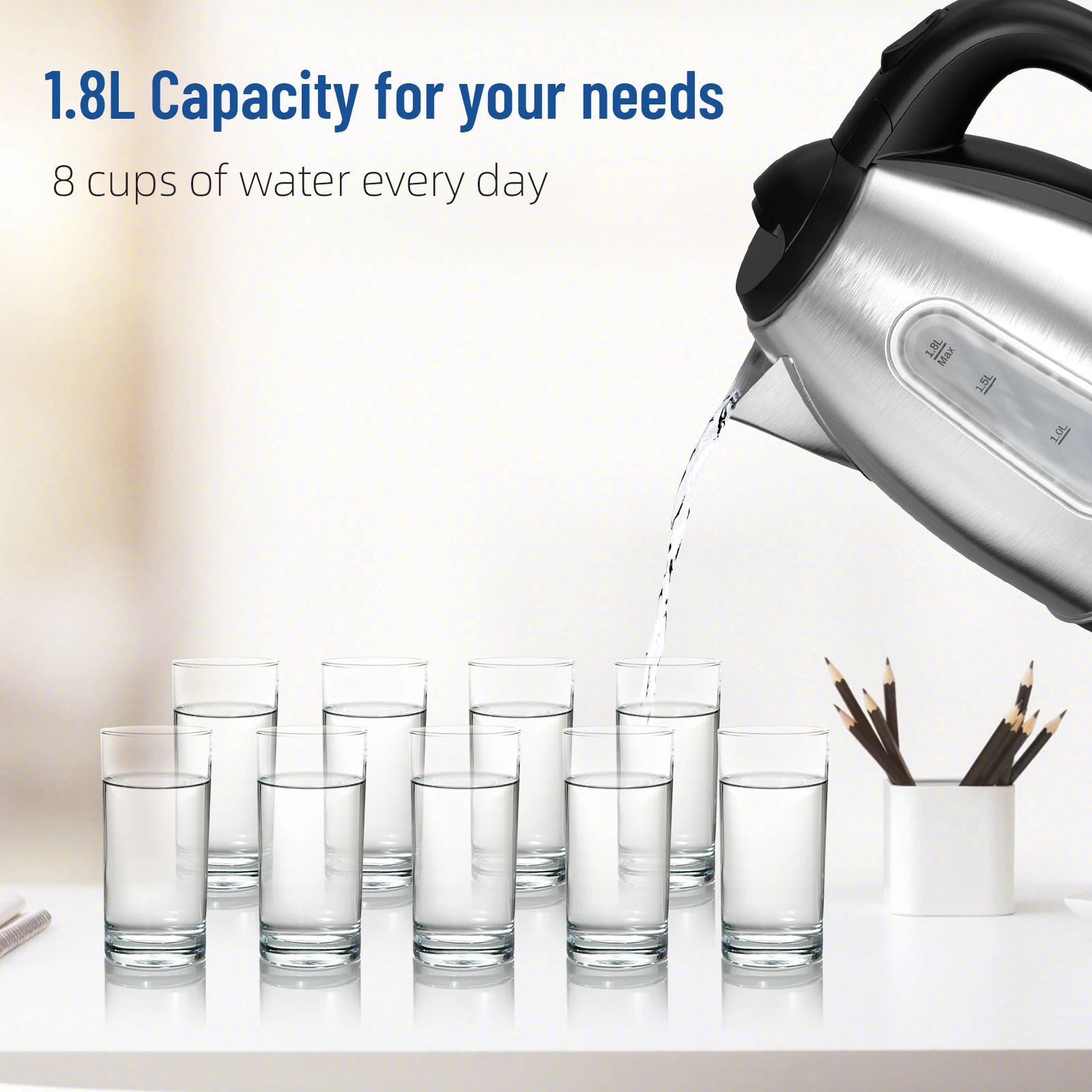 1.8L Stainless Steel Electric Kettle with Water Level Window, Auto Shut-Off, Boil-Dry Protection, 1300W Fast Boiling