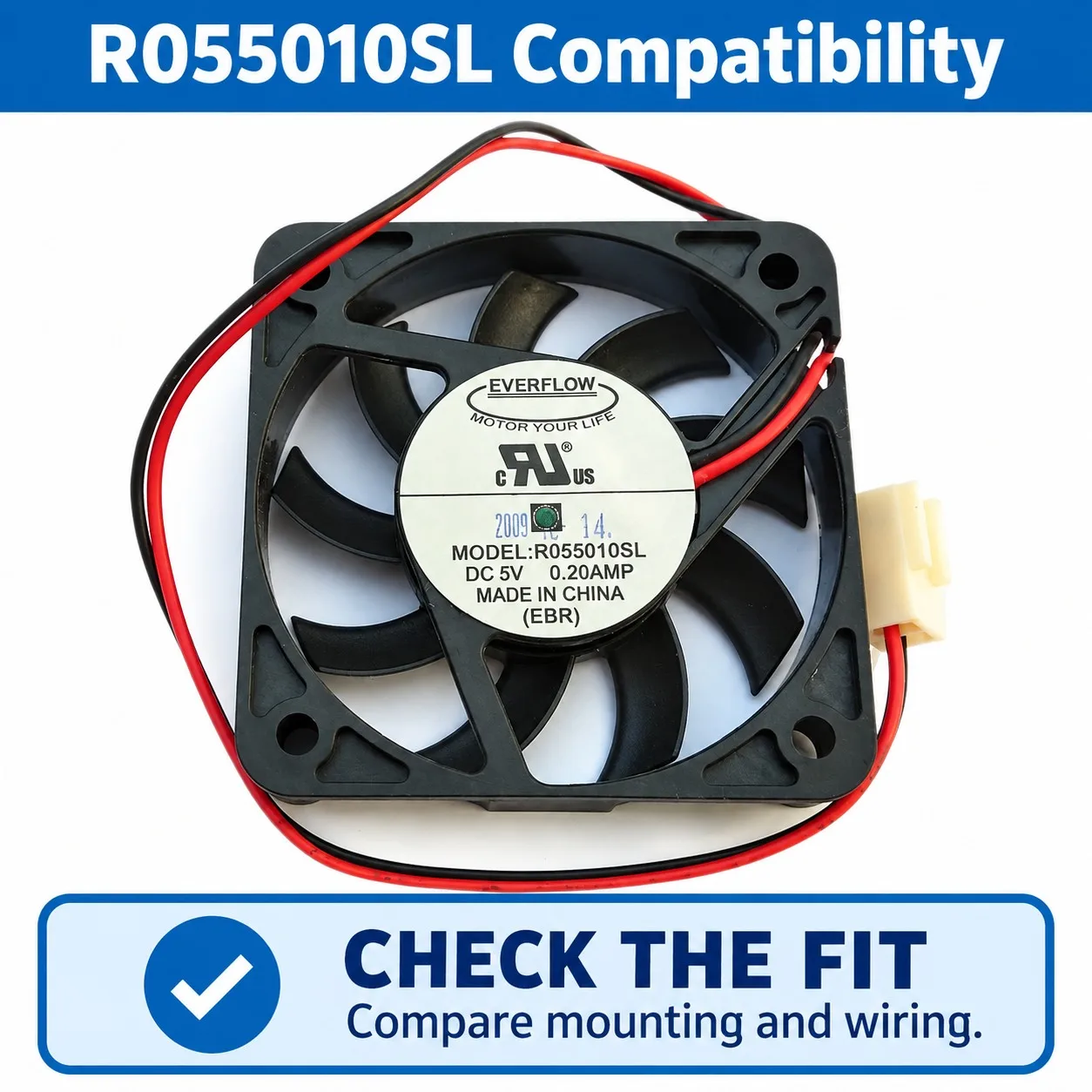 R055010SL DC Cooling Fan 50x50x10mm 5010 5V 0.20A 2100RPM 2-Wire for EVERFLOW