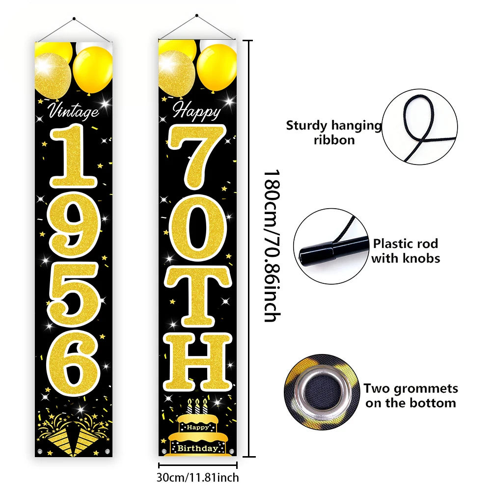 Schwarz-Gold Glitzer 70. Geburtstag Veranda-Banner, Retro 1956 Vintage Geburtstags-Türbanner mit Luftballons und Kuchen für die Feier – Detail 1