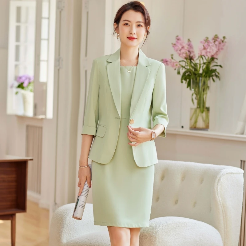 Women Formal Dress Suits Office Ladies Elegant Notched Blazer Tops And Sundress Two Pieces Set New Matching Outfits Traf Clothes