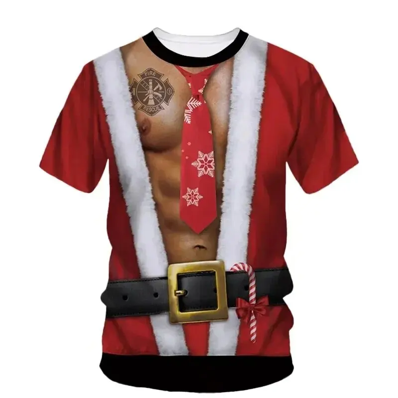 Impressão digital masculina gola redonda com manga curta, camisetas elegantes e casuais, tendência de Natal