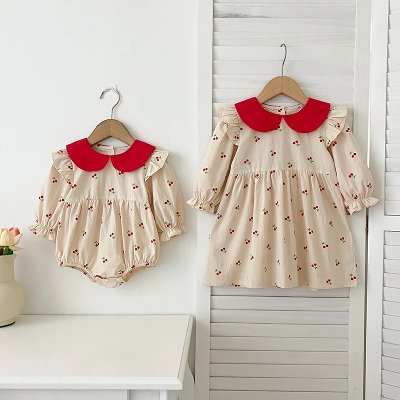 

2025 Autumn Sweet Cherry Princess Girls Matching Sister Dresses Long Sleeve Romper Bodysuit Twin Outfits for Baby Toddler