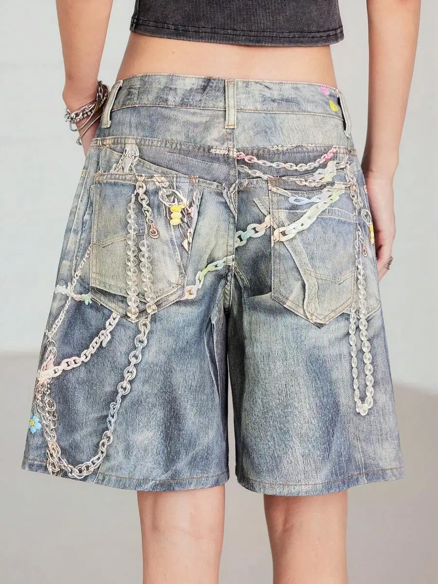 

Womens Washed Denim Shorts With Chain Decoration Loose Fit Summer Casual