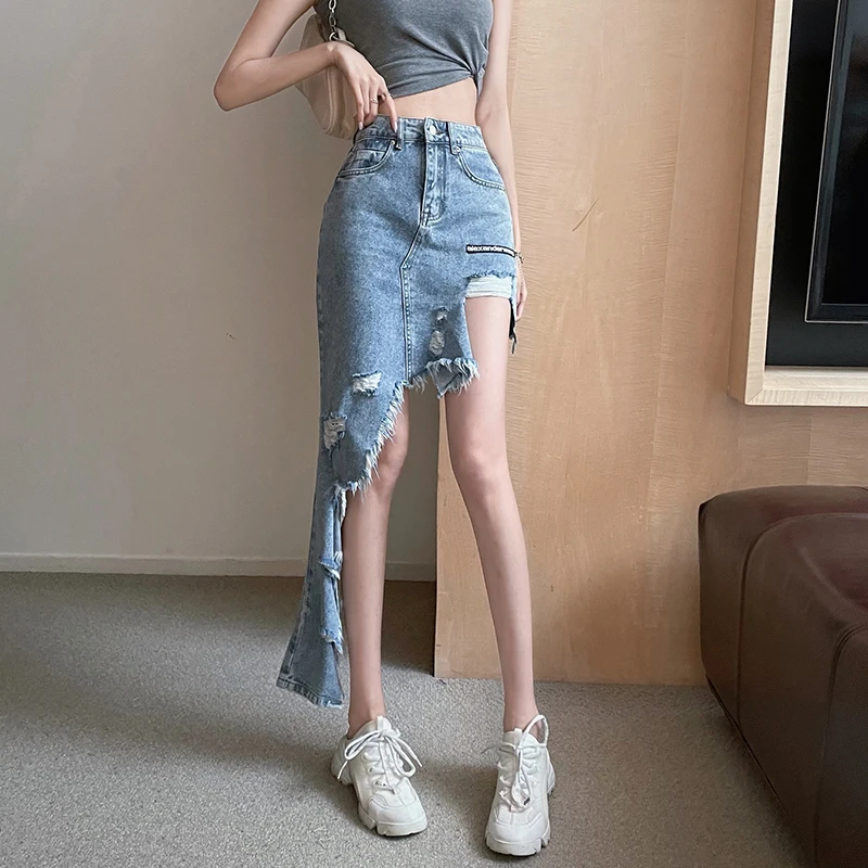 

Vintage Summer Asymmetrical Denim Skirt For Women 2024 New Solid High Wasit Distressed High Street Irregular Length Jeans Skirt