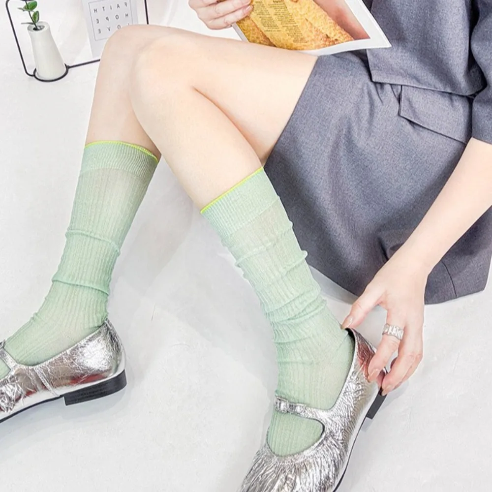 

Fashionable Lolita JK Calf Socks Ultra-Thin Solid Color Ice Silk Long Socks Breathable Japanese Style Bunching Socks Summer