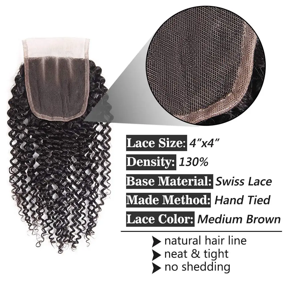 Perruque Lace Closure Brésilienne Naturelle, Cheveux Ondulés, 4 Tages, Transparent, 100%