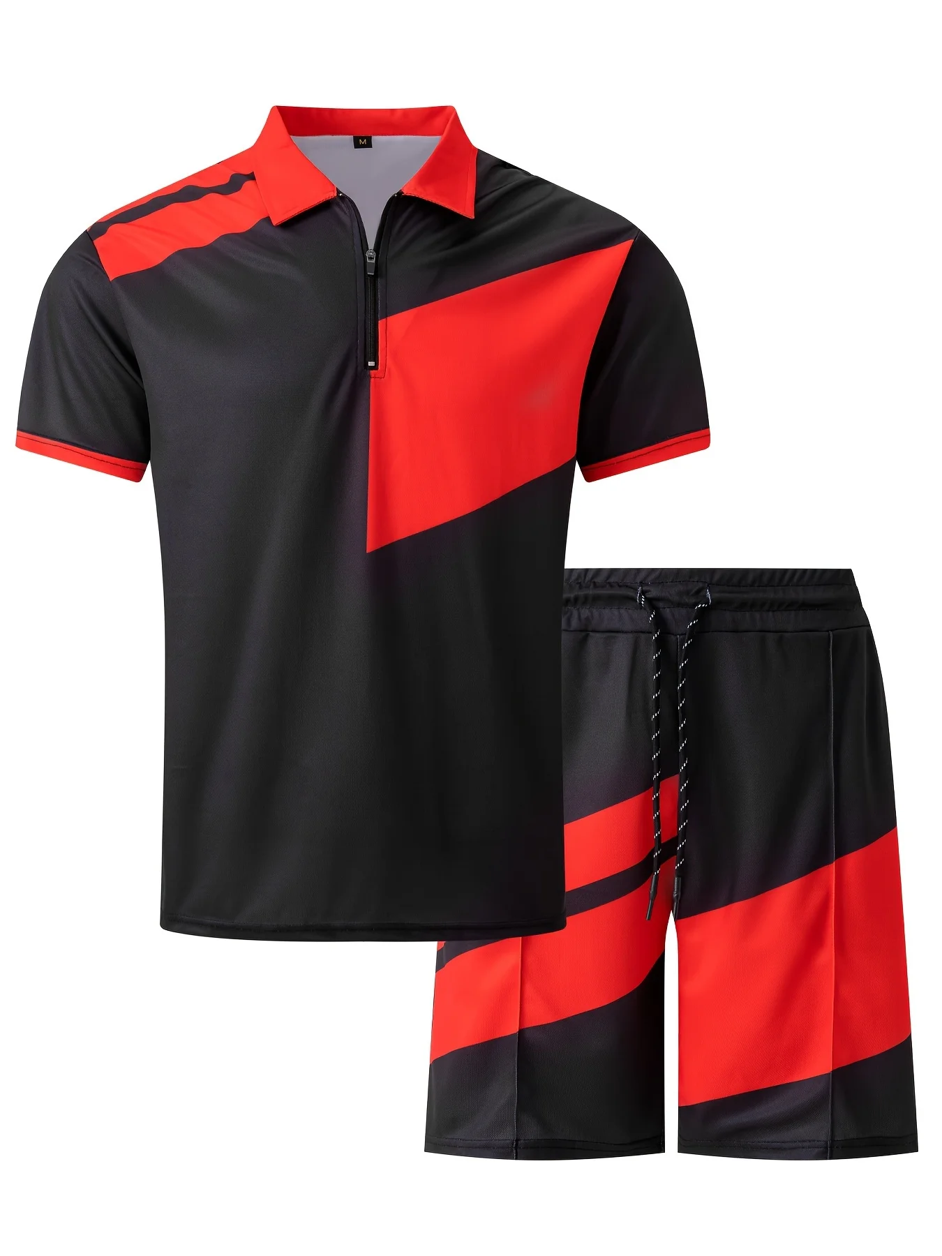 2-piece Men's Color Blocked Summer Outfit Set Zip Short Sleeve Golf Shirt Elastic Waist Drawstring Shorts Fashion Clothing Suits