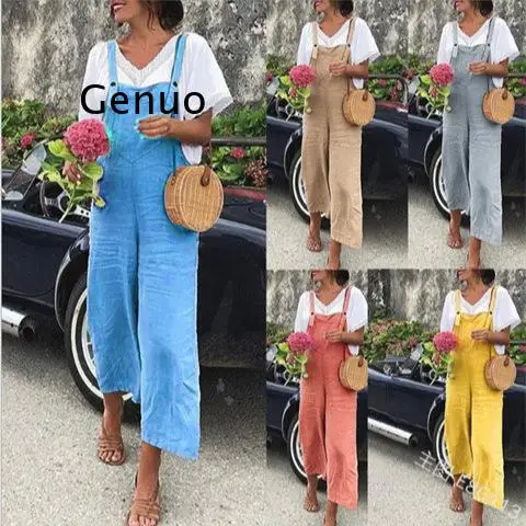 2026 Women Solid Color Linen Overalls Loose Wide Leg Design for Casual Daily Wear