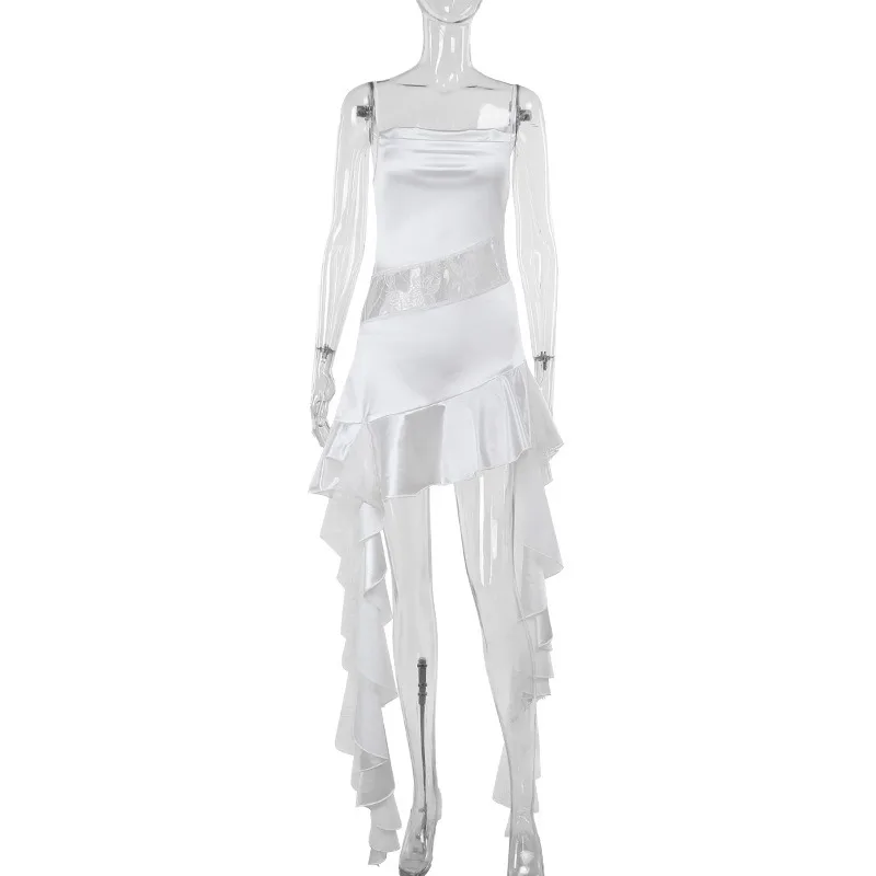 فستان الحفلات النسائية الدانتيل الساتان الكورية موضة المرقعة الكشكشة غير النظامية شرابة طويلة ألف خط الصيف الربيع الإناث نادي Vestidos #5