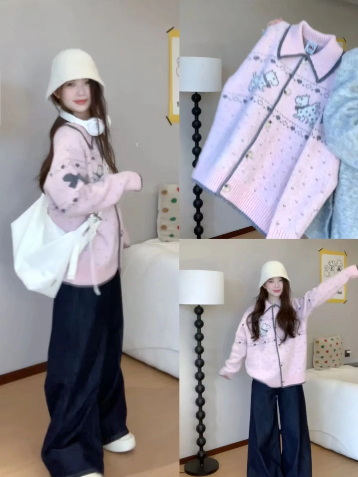 

Pink Fair Isle Stripe Knit Sweater Coat Women's Autumn Winter Loose Soft Lazy Open Cardigan Top Korean Sle Long Sve