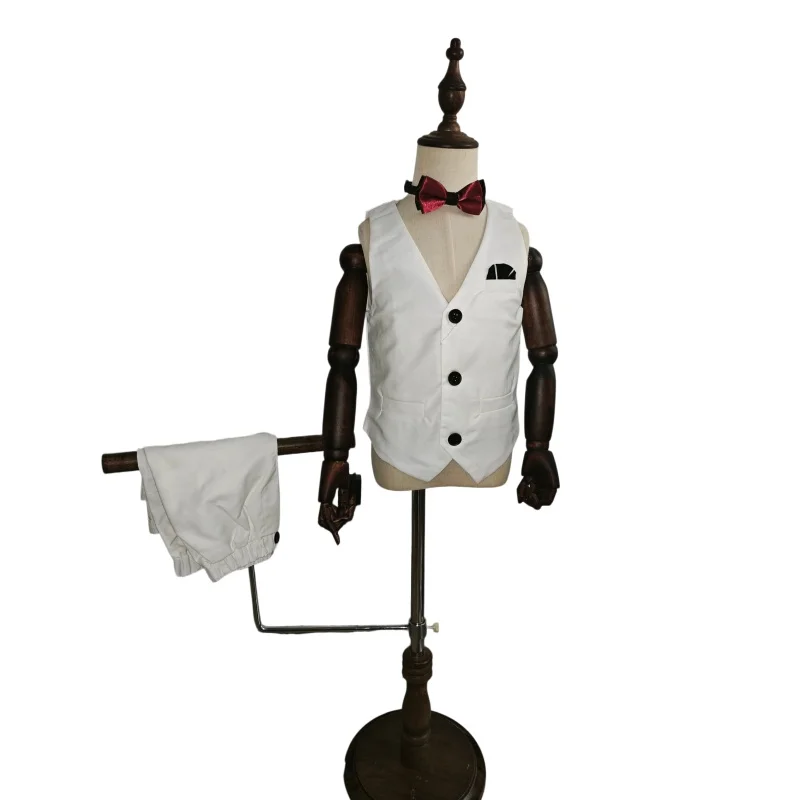 Kids Summer Vest Suit Set Boys Vest Shorts Bowtie 3Pieces White Formal Attire For Wedding Children's Performance Costume