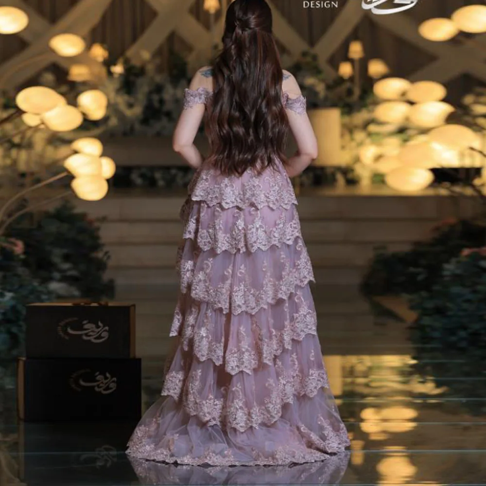Customized Multilayer Evening Dress Off the Shoulder Tiered Tulle Prom Gown with Appliques Beaded A Line Wedding Guest Dresses