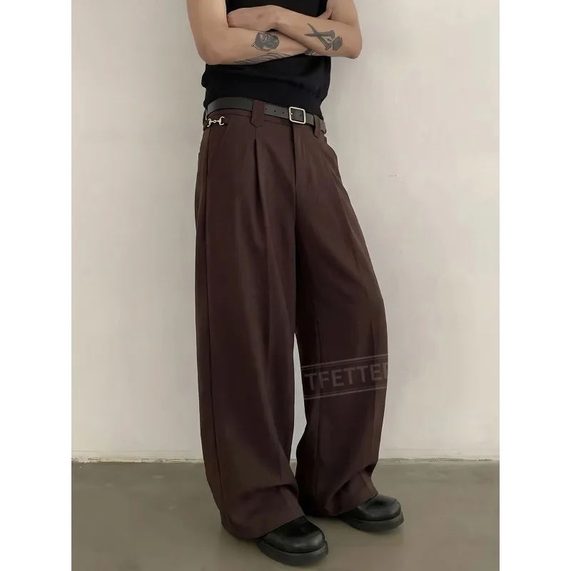 TFETTERS Eu Size 2026 Men Fall Pleated Wide Leg Pants Metal Chain Loose Straight Casual Trousers Vintage Street Long Pants