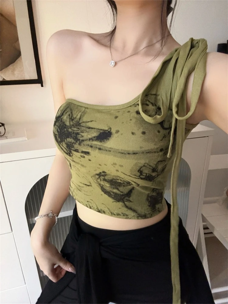 Slim Fit Integrated Tie Dye Cami 2026 Summer Sexy Hot Girl One Shoulder Tie Women Tube Top Outer Wear Pure Desire Style Tank Top