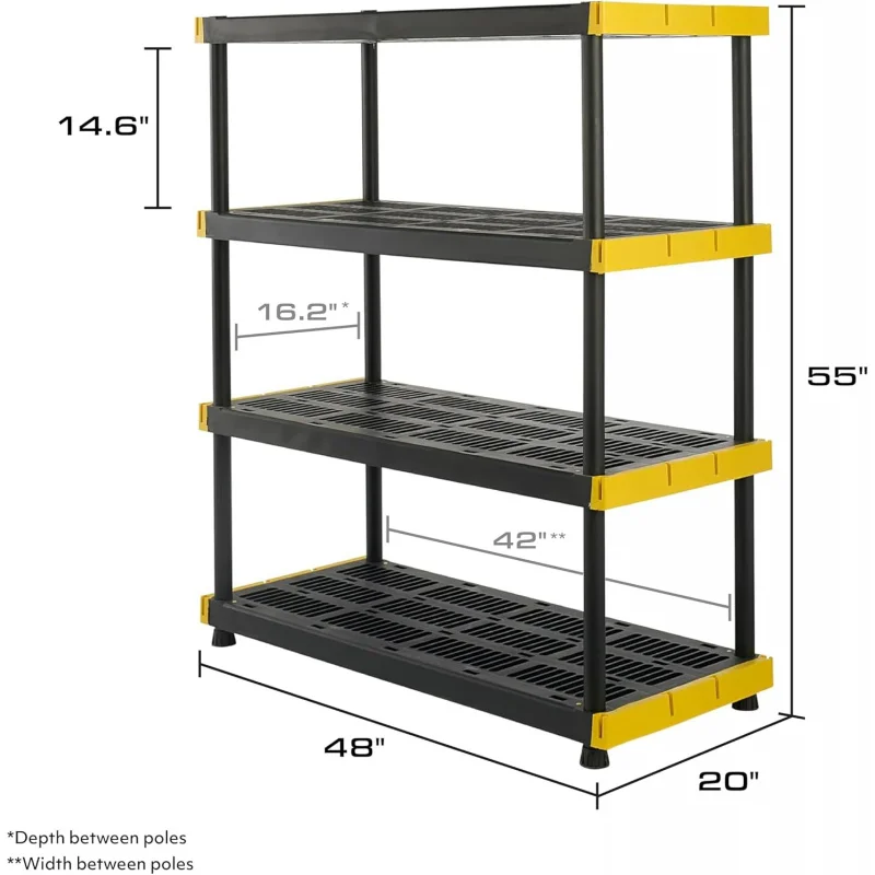 CX Black & Yellow®, 4-Tier Heavy Duty Plastic Storage Shelving Unit, 200lbs/shelf (55 ”H x 48” W x 20 ”D), for Indoor