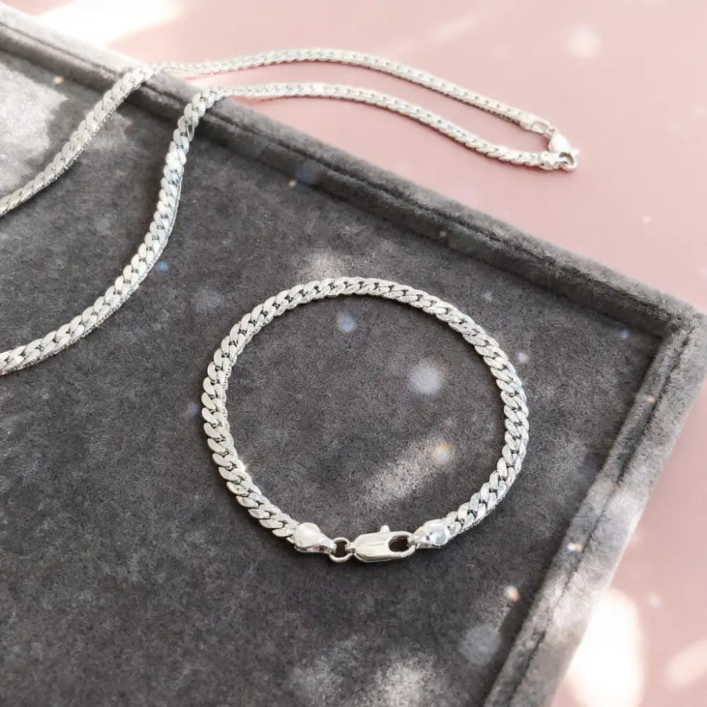 

925 Sterling Silver Bracelets necklaces originality 5MM Flat Chain Jewelry set for Women Fashion Party wedding accessories Gifts