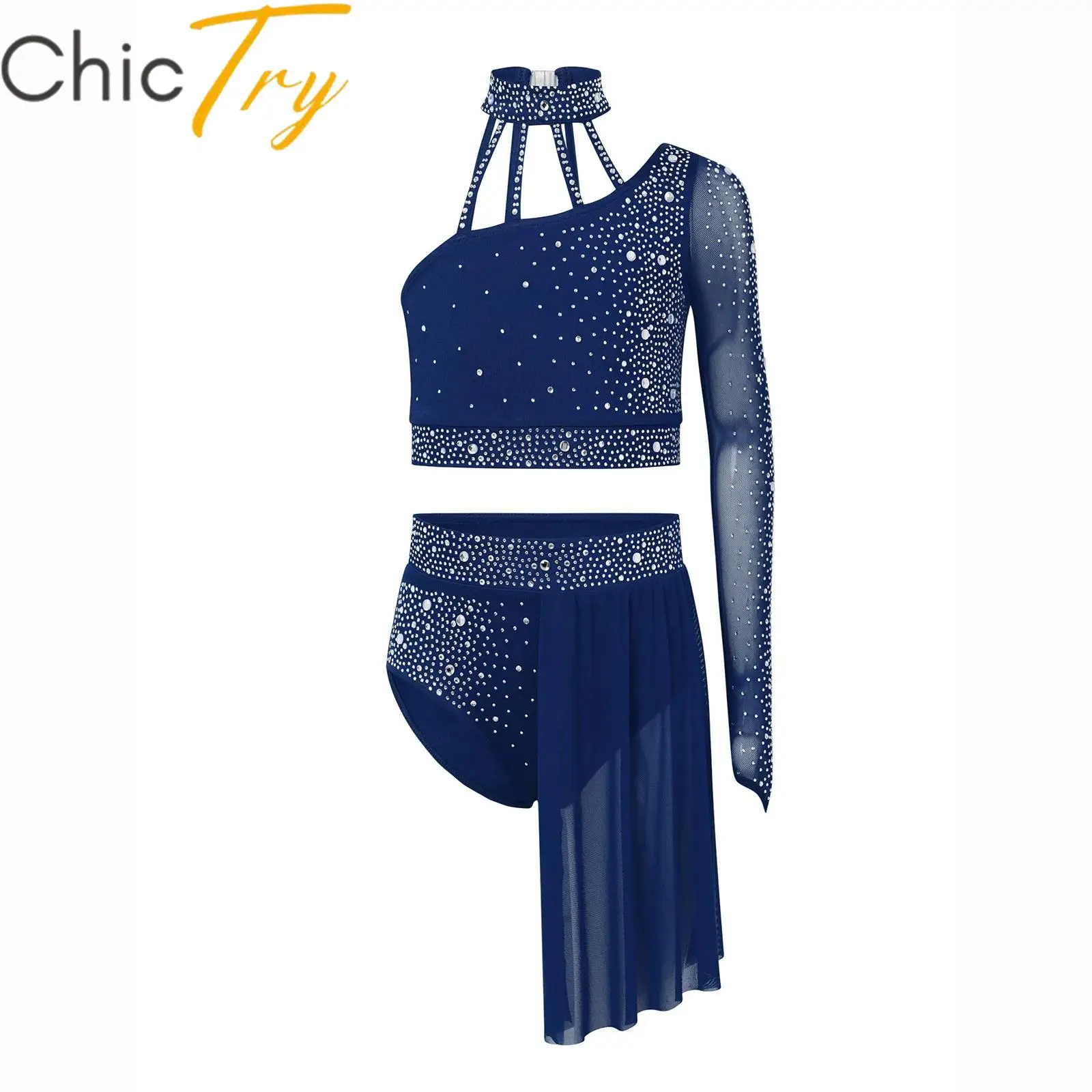 

Kids Girls Ballet Dance Sets Contemporary Modern Lyrical Dance Outfit Long Sleeve Crop Top with Skirt Suit for Stage Performance