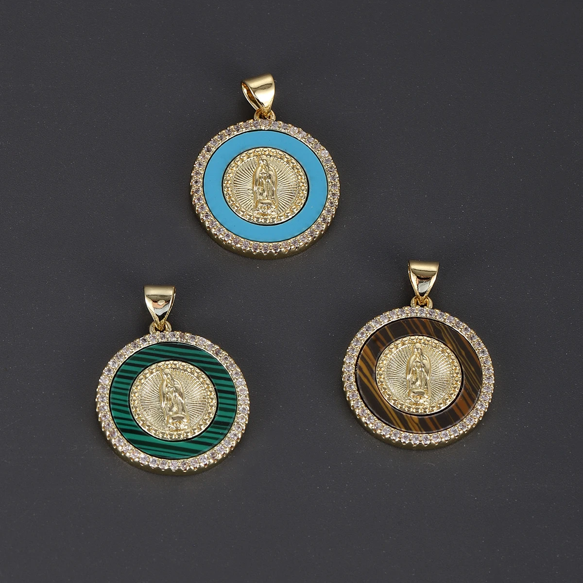 Luxury CZ Virgin Mary Round Charms Malachite Tiger Eye Inlay Religious Pendant for DIY Necklace Bracelet Jewelry Making Supplies