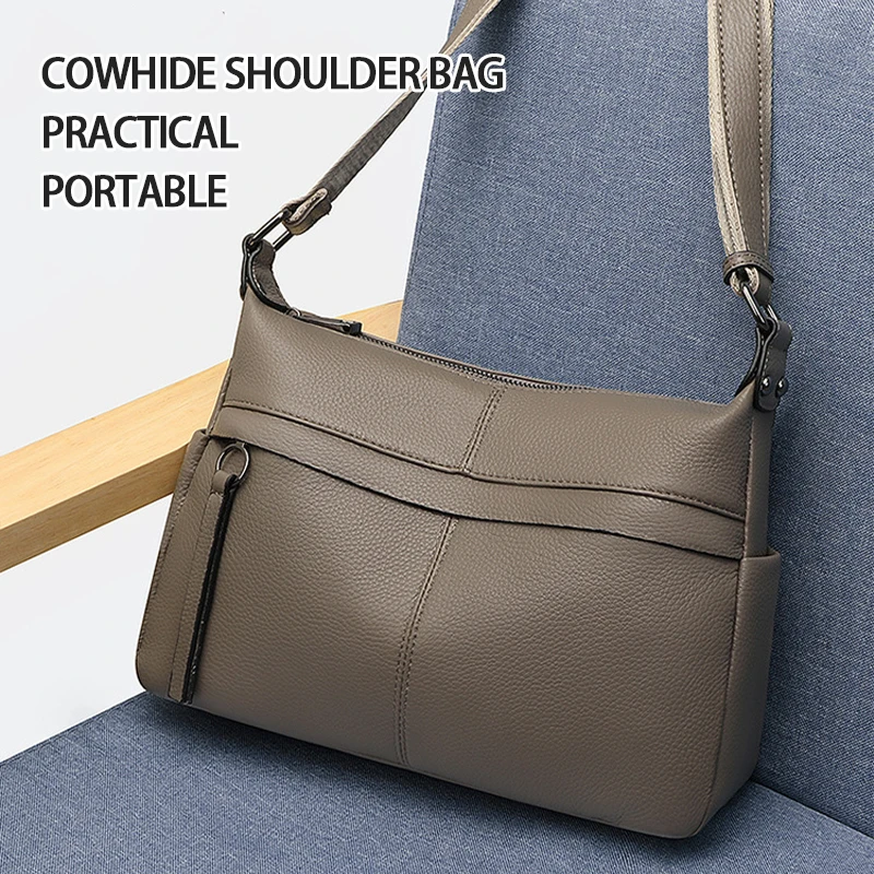 Women\'s Top Cowhide Shoulder Bag Women\'s Leather Large Capacity Bucket Bag Luxury Commuter Genuine Leather Crossbody Bag Fashion