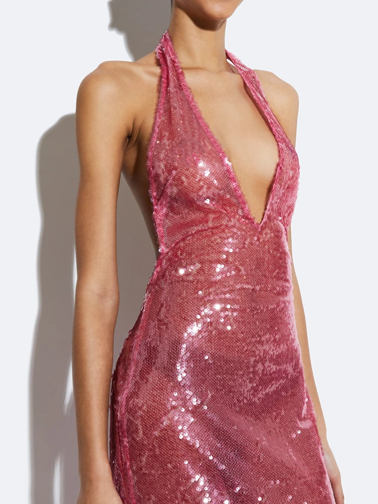 VC-Robe longue à col en V profond pour femmes, licou, paillettes transparentes, dos nu, mince, célébrité, cocktail, soirée, quelque soit