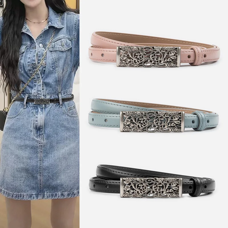 Vintage Hollow Out Metal Slide Buckle Adjustable Women Belts Real Leather Slim Belts Dress Shirt Waistbands Cowhide Cinturon New