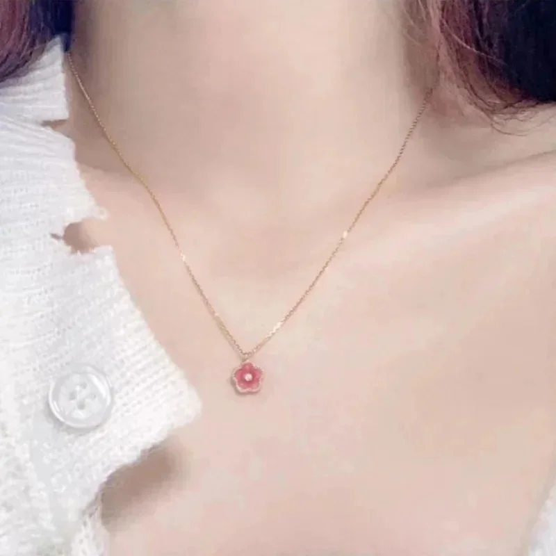 Hot-Seller Gradient Pink Enamel Five-Petal Flower Peach Blossom Pendant Necklace Dainty Thin Jewelry For Women