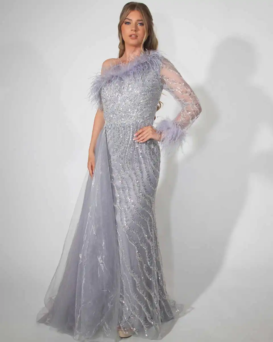 Robe de soirée sirène de luxe, asymétrique épaule dénudée, manches longues, plumes, paillettes, robe de soirée de mariage, personnalisée