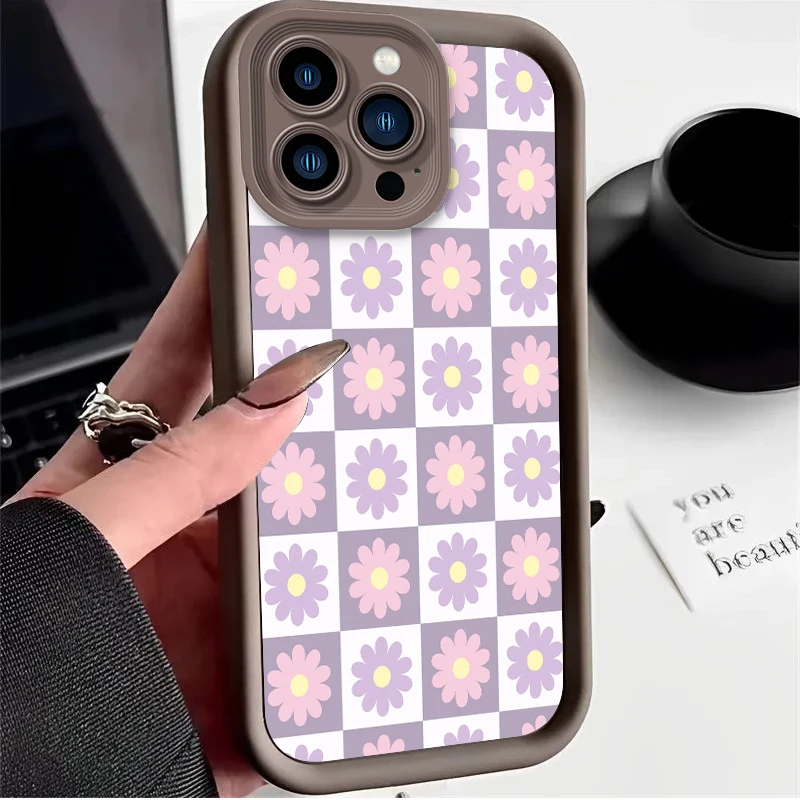Purple Pink Checkered Flower Plain Case for iPhone 17 Air 16 E 15 14 Plus 13 12 Mini 11 Pro Max Liquid Soft Silicone Back Cover