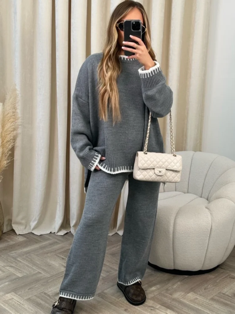 Striped Knitted Sweaters Long Pant Set Women Casual Split O-neck Pullover Suits With Maxi Pants Lady Autumn Chic Home Outfits