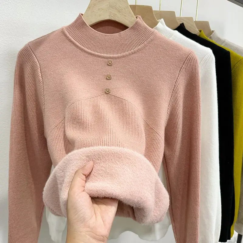 

Women Winter Half Turtleneck Plush Lined Sweater Thicken Warm Knit Tops Korean Slim Pullover Soft Plus Velvet Knitwear Jumpers