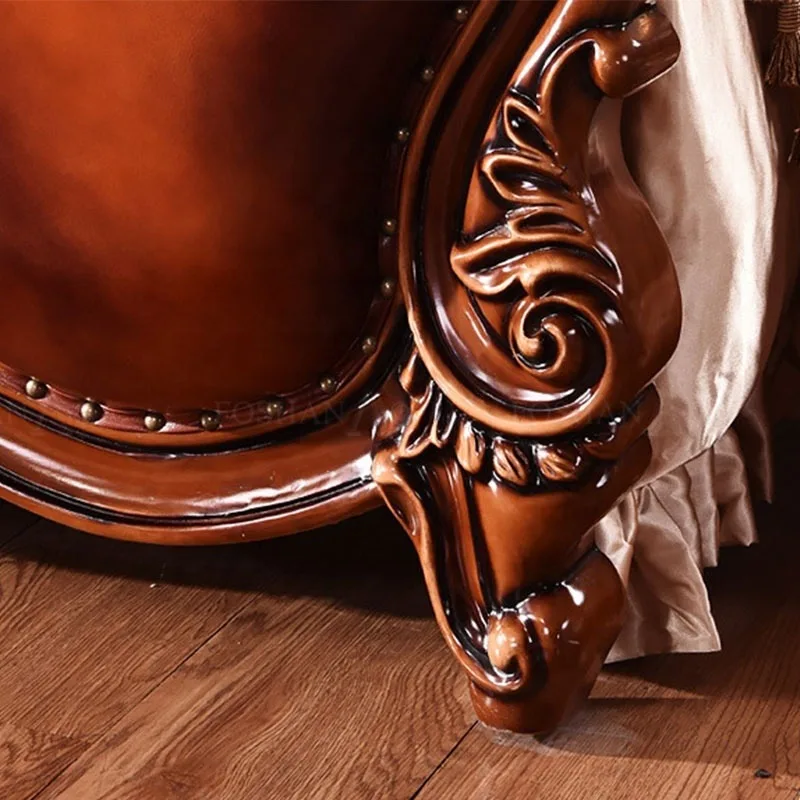 Hot Selling European Luxury Classic Carved Solid Wood Frame Leather Bed French Antique Royal Bedroom Furniture Single Double Bed view 5