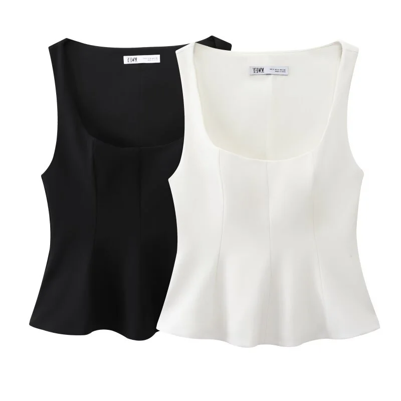 Women's Sleeveless Square Neck Peplum Top – Flared Ruffle Hem, Black & White Options, Casual Summer Top for Daily Outings