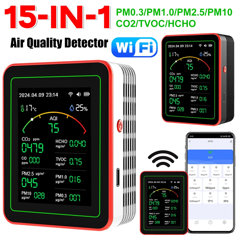 

WiFi 15 in 1 Air Quality Monitor APP Control Carbon Dioxide Detector PM2.5 PM1.0 CO2 TVOC HCHO Tester Temperature Humidity Meter