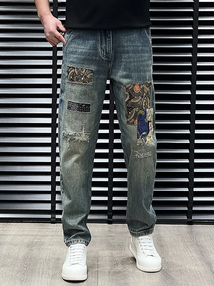 

Spring Summer Men's Faionable Loose Straight Leg Jeans Distred Patchwork Retro Long Trousers Casual mid Waist Zipper